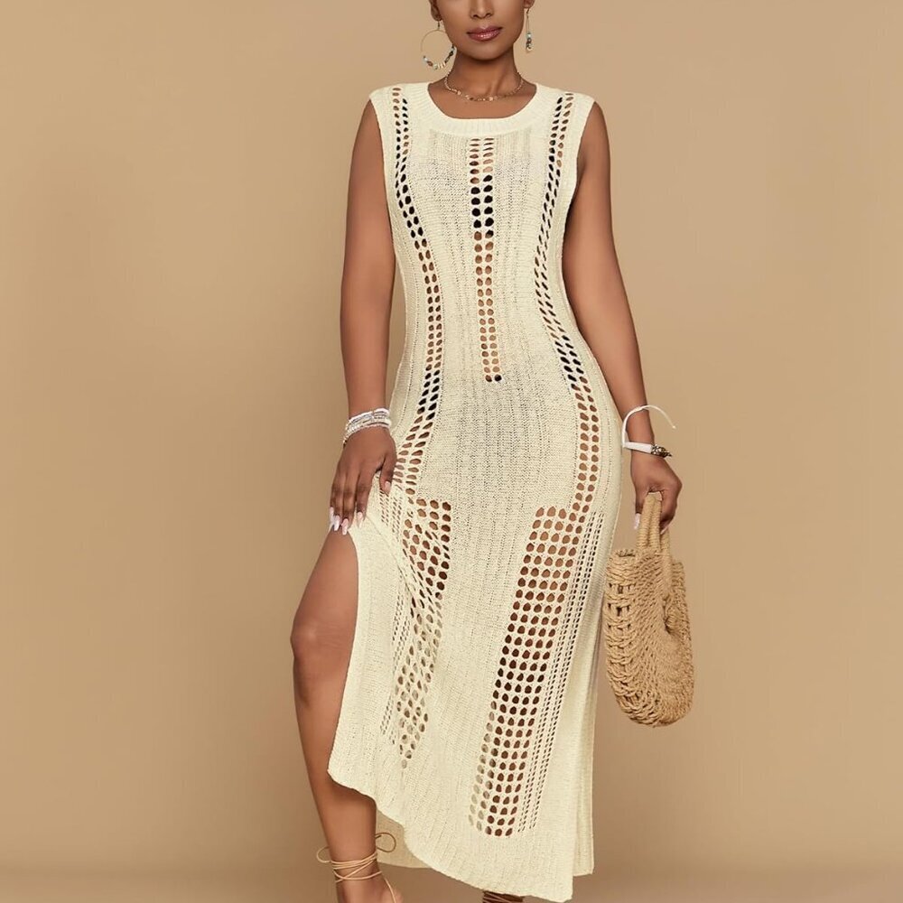 Women’s Crochet Beach Cover Up Sleeveless Summer Knit Swimwear Coverup - Picture 5 of 6